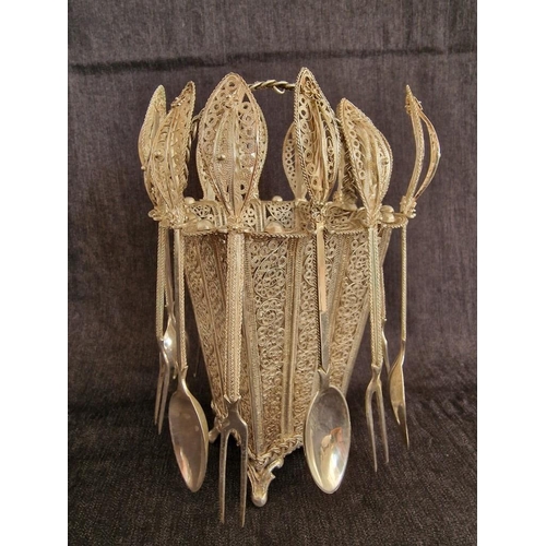 80A - Lefkara Style Silver Filigree Basket, with Curved Handle and 4-Feet, Together with 6 x Matching Fork... 