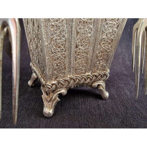 80A - Lefkara Style Silver Filigree Basket, with Curved Handle and 4-Feet, Together with 6 x Matching Fork... 