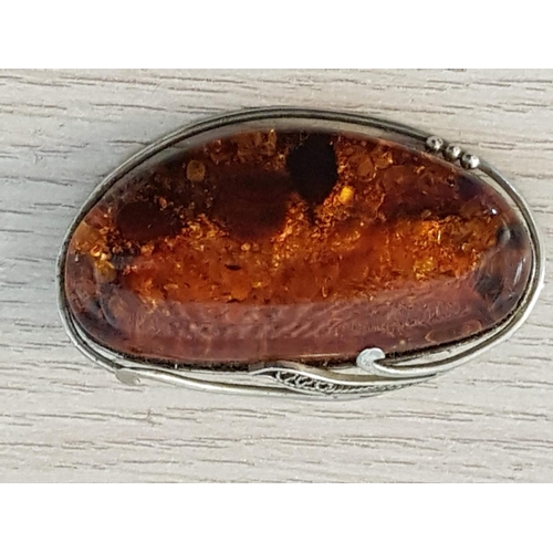 95 - Large Amber / Silver Retro Brooches / Pendant (Approx. 6 x 3.5cm)