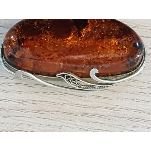 95 - Large Amber / Silver Retro Brooches / Pendant (Approx. 6 x 3.5cm)