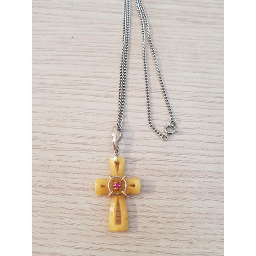 294 - Amber Cross Pendant (Approx. 2 x 4cm) Decorated with Silver and Pink Stone Together with Silver Chai... 