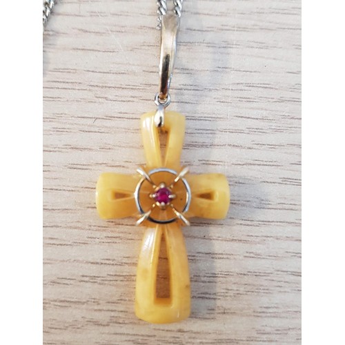 294 - Amber Cross Pendant (Approx. 2 x 4cm) Decorated with Silver and Pink Stone Together with Silver Chai... 