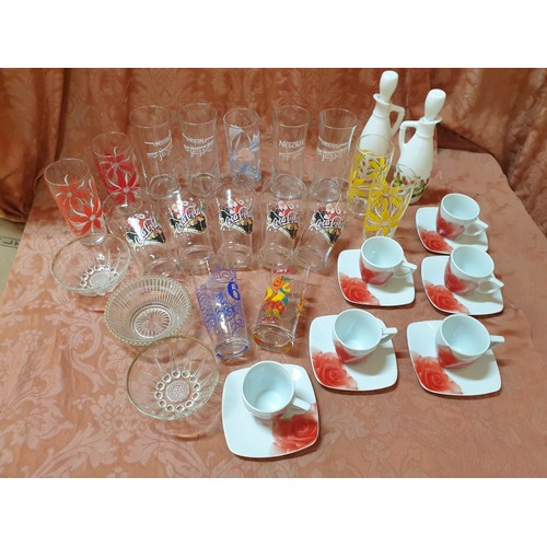 608 - Assorted Collection of Tableware; Coffee Cups + Saucers, Glass Bowls, Ceramic Vinegar / Oil Bottles ... 