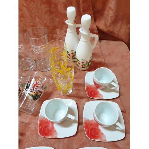 608 - Assorted Collection of Tableware; Coffee Cups + Saucers, Glass Bowls, Ceramic Vinegar / Oil Bottles ... 