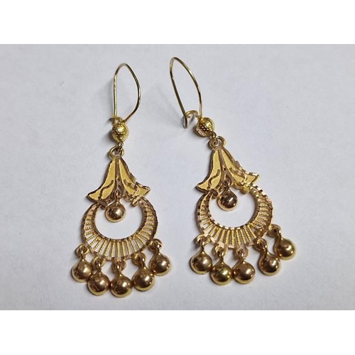 133 - Pair of Ornate 12ct Gold Earrings, Bell Design with Hanging Decoration, (Approx. H: 50mm, 3.2g)

* T... 