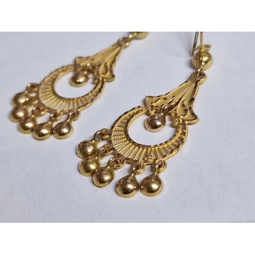 133 - Pair of Ornate 12ct Gold Earrings, Bell Design with Hanging Decoration, (Approx. H: 50mm, 3.2g)

* T... 