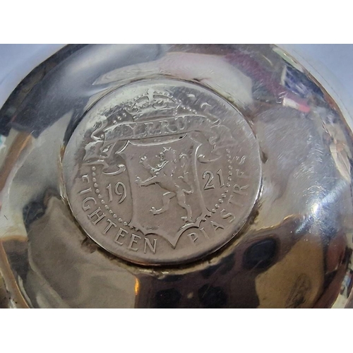 136 - Silver Round Dish with Cypriot (1921) Eighteen Piastre Coin in the Base, (Approx. Ø: 8cm, 33g, Teste... 