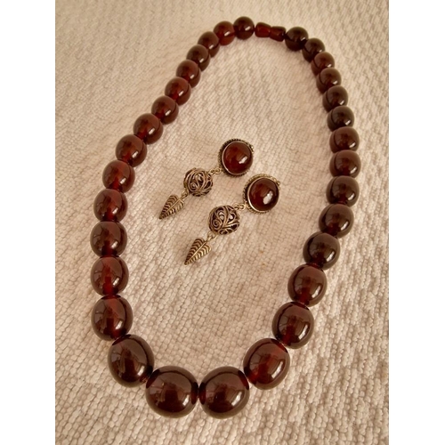 101 - Russian Cherry Red Amber Set of Necklace & Earrings; Single Strand of Ø:14mm Bead Necklace (Approx. ... 