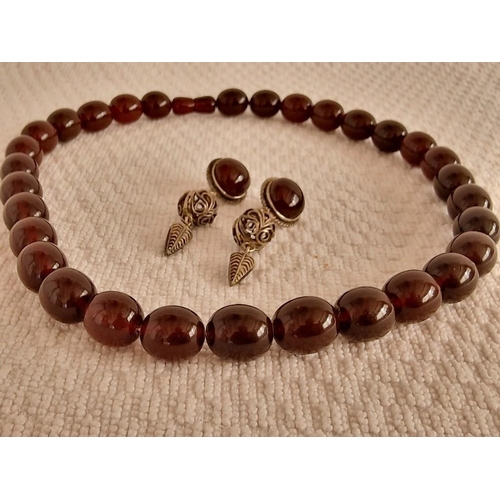 101 - Russian Cherry Red Amber Set of Necklace & Earrings; Single Strand of Ø:14mm Bead Necklace (Approx. ... 