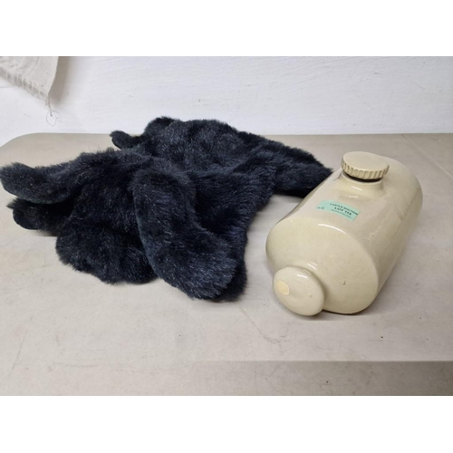 115 - Antique Stoneware Hot Water Bottle, Together with Modern Soft Black Fluffy Dog Cover, (2)