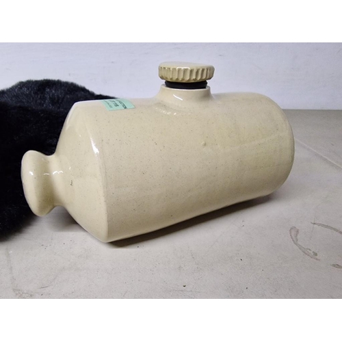 115 - Antique Stoneware Hot Water Bottle, Together with Modern Soft Black Fluffy Dog Cover, (2)