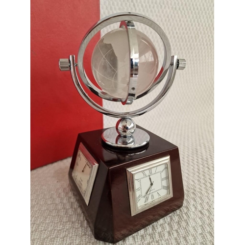 117 - Desk Glass Globe with Revolving / Swivel Wooden Base and Inset Clock, Thermometer, Silver Plaque and... 