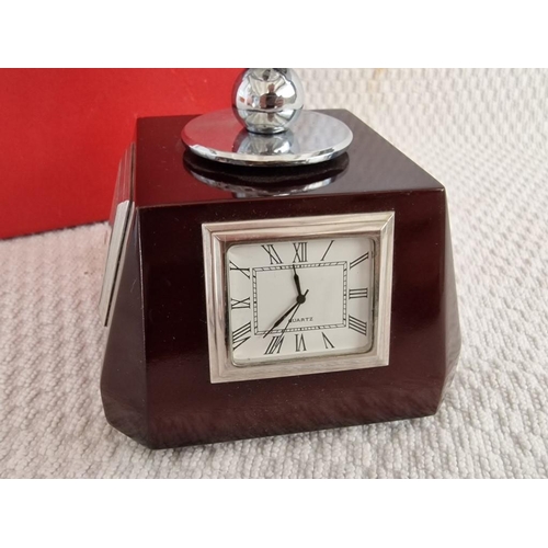 117 - Desk Glass Globe with Revolving / Swivel Wooden Base and Inset Clock, Thermometer, Silver Plaque and... 