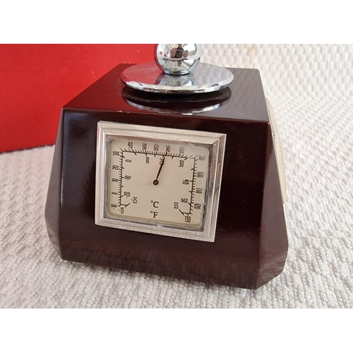 117 - Desk Glass Globe with Revolving / Swivel Wooden Base and Inset Clock, Thermometer, Silver Plaque and... 