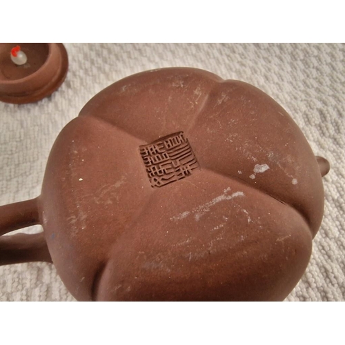 122 - Chinese Terracotta Tea Pot with Decorative Lid and Stamp / Seal on the Base