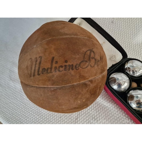 196 - Vintage Medicine Ball, Made in England, Together with Cased Set of French Boulles (Nb. Zip a/f), (2)