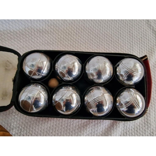 196 - Vintage Medicine Ball, Made in England, Together with Cased Set of French Boulles (Nb. Zip a/f), (2)