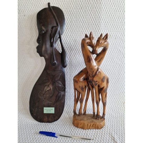 197 - Carved Wood Ornament of 2 x Giraffe, Together with African Ebony(?) Carved Wood Female Head, (2)