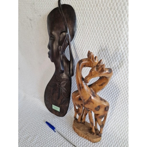 197 - Carved Wood Ornament of 2 x Giraffe, Together with African Ebony(?) Carved Wood Female Head, (2)