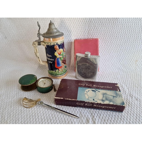 198 - Collection of Items; Vintage German Porcelain Beer Stein, Golfers White Metal Hip Flask, Golf Ball M... 