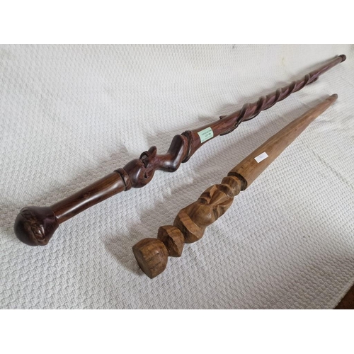 199 - 2 x Carved Solid Wood Walking Sticks / Pole with Faces, (2)