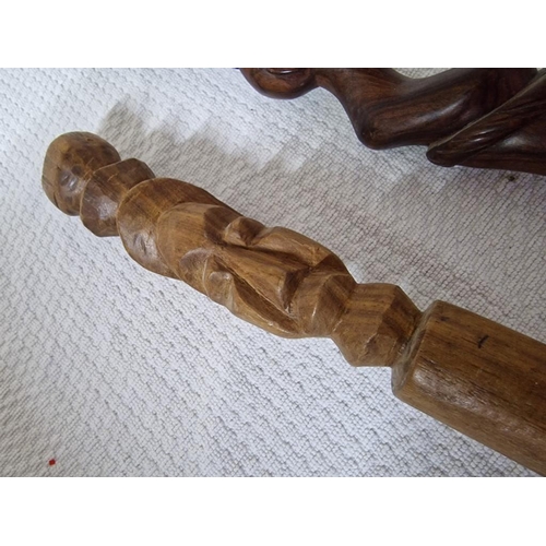 199 - 2 x Carved Solid Wood Walking Sticks / Pole with Faces, (2)