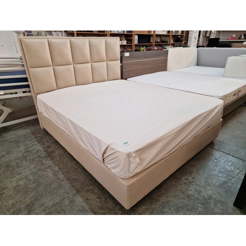 170 - Modern Double Bed with Beige Colour Leatherette Padded Headboard and Surround to Divan Base, Togethe... 