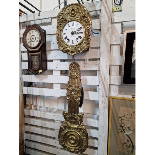 137 - Antique French Wall Hanging Comtoise Clock with Decorative Pressed Metal Front and Large Pendulum Da... 