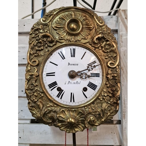 137 - Antique French Wall Hanging Comtoise Clock with Decorative Pressed Metal Front and Large Pendulum Da... 