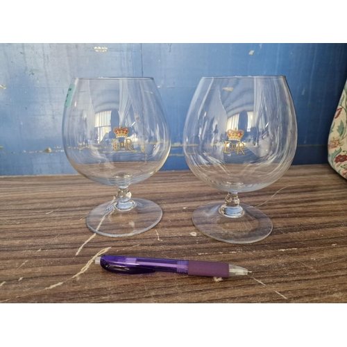 827 - 2 x Large Brandy Glasses Engraved 'ERII', (Approx. H: 16cm each), (2)