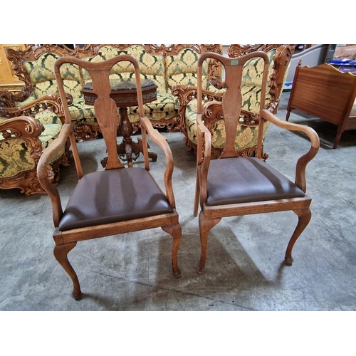 69 - Pair of Antique Queen Anne Style Carved Dining Chairs with Padded Material Seats, (2)