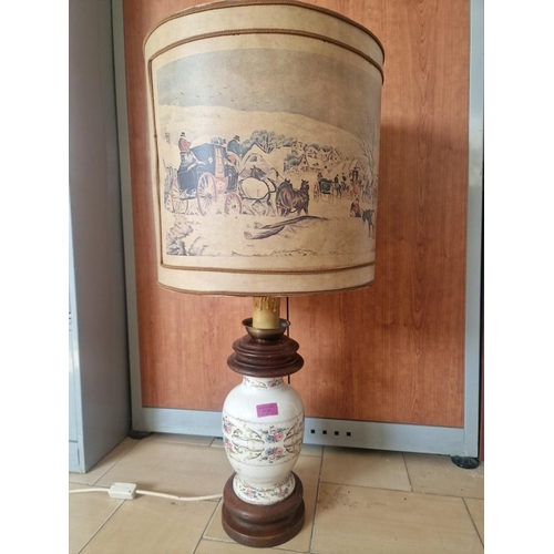 819 - Vintage Porcelain Table / Side Lamp with Floral Decoration and Turned Wood Base and Above, Together ... 