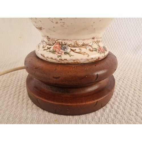 819 - Vintage Porcelain Table / Side Lamp with Floral Decoration and Turned Wood Base and Above, Together ... 