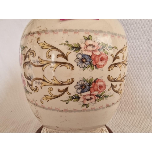 819 - Vintage Porcelain Table / Side Lamp with Floral Decoration and Turned Wood Base and Above, Together ... 