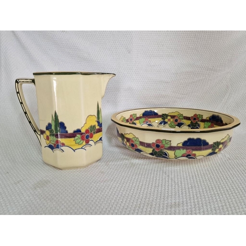 821 - Large Antique Royal Doulton Jug and Washbowl; Circa 1930's with Tall Hexagonal Jug (Approx. H: 26cm)... 