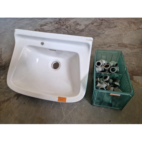 825 - White Ceramic Wash Basin, Together with Qty of Galvanised Plumbing Joints / Fittings