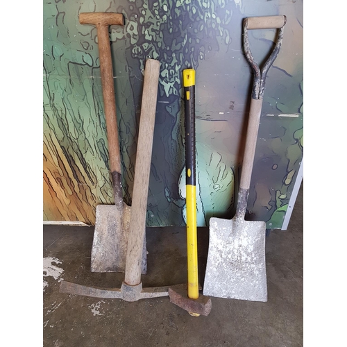 87 - Various Garden Tools inc; 2 x Shovels, Hammer, Pick)