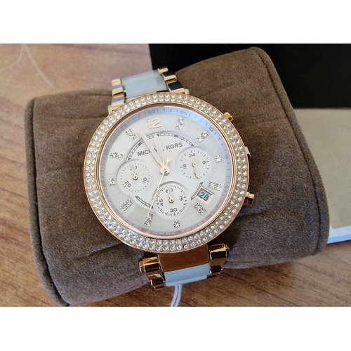 76 - Ladies Michael Kors Parker Chronograph Watch, Rose Gold Tone Stainless Steel with Pavé Crystal Bezel... 