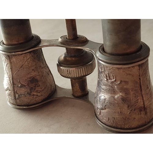 105 - Circa 1940's Opera Glasses Field Binoculars White Metal, Hunting Motif