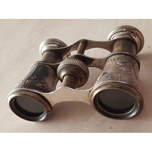 105 - Circa 1940's Opera Glasses Field Binoculars White Metal, Hunting Motif