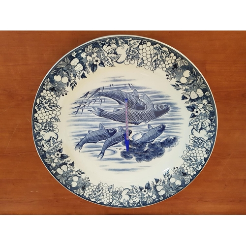 110 - Huge Japanese Round Porcelain Plate - Blue / White Traditional Fish Pattern (Ø46cm)