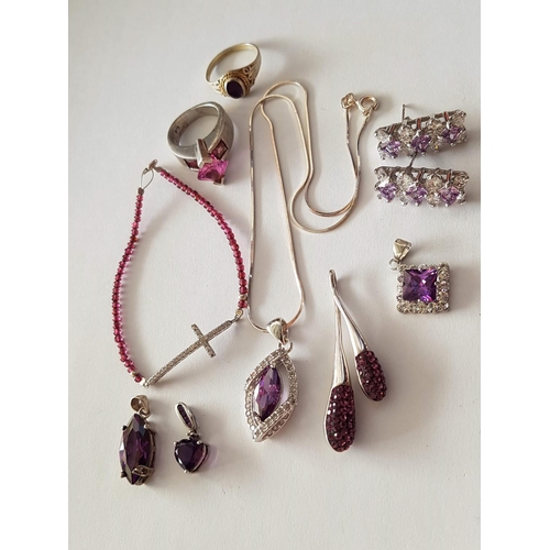 162 - Large Assorted Silver Jewellery with Purple Stone / Crystal, Total Weight 43gr (10pcs)