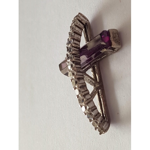 193 - Silver Modern Large Cross Pendant (Approx. 2.5 x 4.5cm) with Large Purple Clear Stones, Total Weight... 