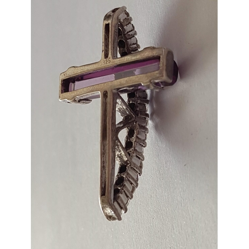 193 - Silver Modern Large Cross Pendant (Approx. 2.5 x 4.5cm) with Large Purple Clear Stones, Total Weight... 