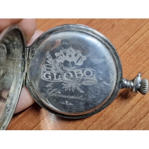 201 - Antique Globo Mi-Chronometre Silver Plated Pocket Watch, Manual Wind * Running When Lotted * with De... 