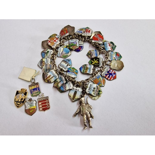 203 - Charm Bracelet with Approx. 40 x Silver (.800) and Enamel European City Coats of Arms / Emblems, on ... 