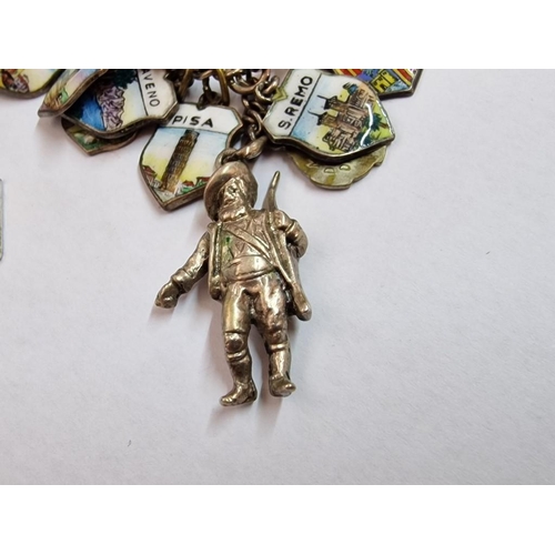 203 - Charm Bracelet with Approx. 40 x Silver (.800) and Enamel European City Coats of Arms / Emblems, on ... 