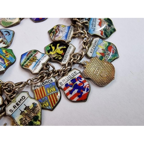 203 - Charm Bracelet with Approx. 40 x Silver (.800) and Enamel European City Coats of Arms / Emblems, on ... 