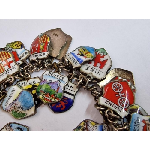 203 - Charm Bracelet with Approx. 40 x Silver (.800) and Enamel European City Coats of Arms / Emblems, on ... 