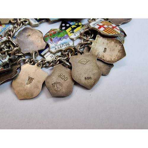 203 - Charm Bracelet with Approx. 40 x Silver (.800) and Enamel European City Coats of Arms / Emblems, on ... 